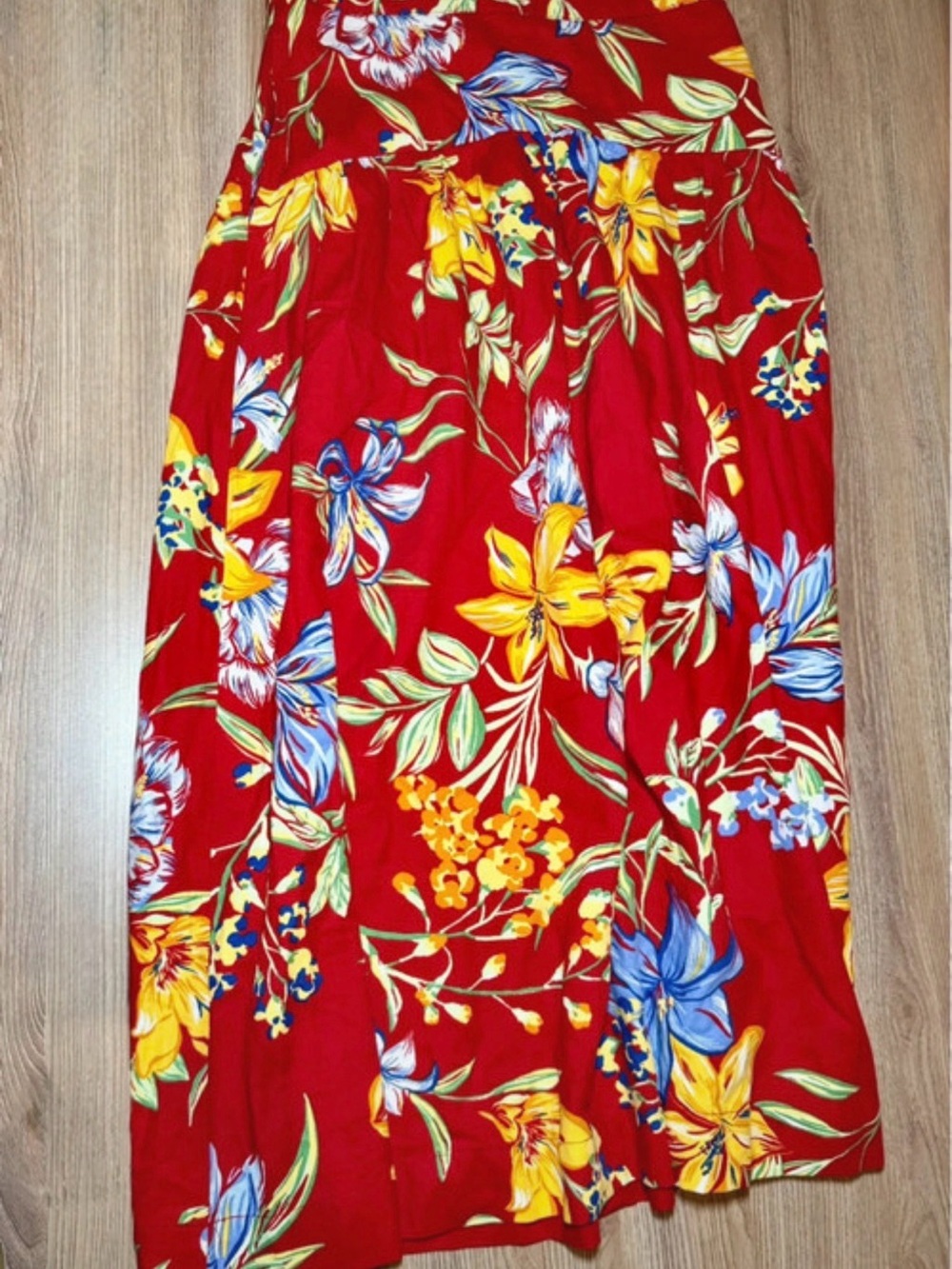 a new day Red Floral Midi Skirt with Yellow & Blue Blooms